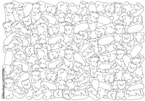 Pattern with gummy bears.  Adult coloring book page with shiny jelly bears. Black and white vector illustration.