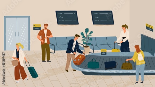 People waiting for bag at airport baggage claim area. Conveyor belt with luggage concept vector illustration. Airport terminal, arrival hall