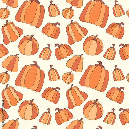 Seamless vector pattern with cute orange pumpkins. Hand drawn autumn Thanksgiving and Halloween design.