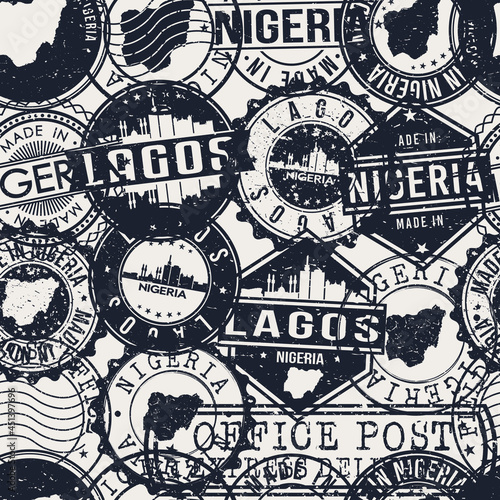 Lagos  Nigeria Stamps Background. A City Stamp Vector Art. Set of Postal Passport Travel. Design Set Pattern.