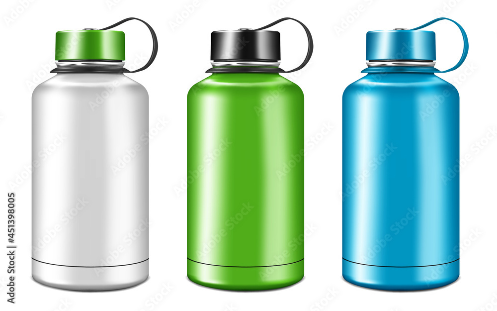 Blank insulated water bottle isolated on white background, vector mockup. Stainless steel sport flask, mock-up. Template for design. Color set. Easy to recolor Blank insulated water bottle isolated on white background, vector mockup. Stainless steel sport flask, mock-up. Template for design. Color set. Easy to recolor