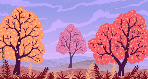 vector autumn landscape deciduous tree with yellow leaves on the hills.
