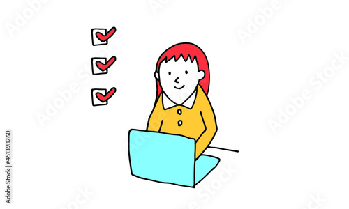 PCに向かってオンラインでチェック作業をする女性