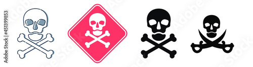 Human skull in full face view and crossbones on white background. Four kinds isolated illustration in flat style. Poison sign and symbol. An image of danger to humans. Icon of hazard to life.