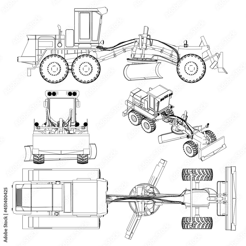 Set with detailed contours of a grader from black lines isolated on a white background. Side, front, top and isometric views. Vector illustration