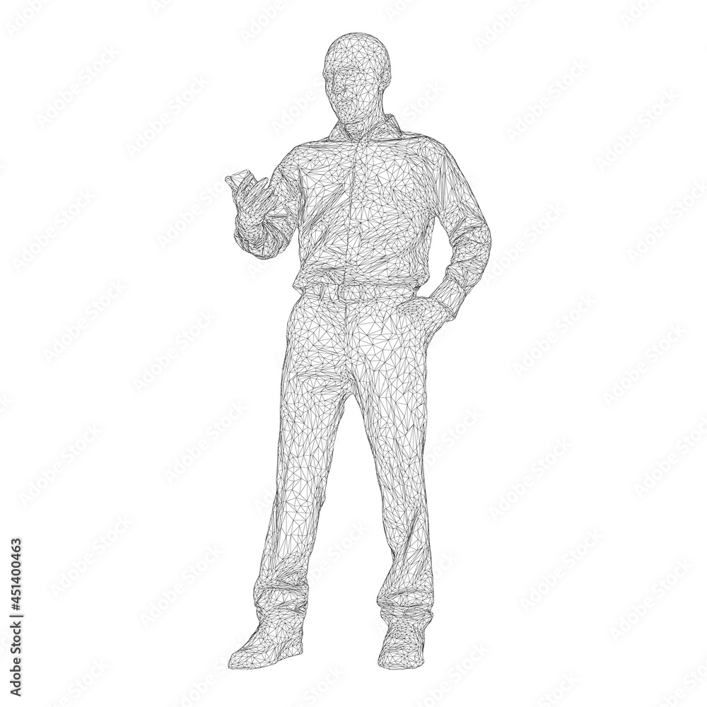 Wireframe of a man looking into his phone in hand from black lines isolated on white background. 3D. Vector illustration