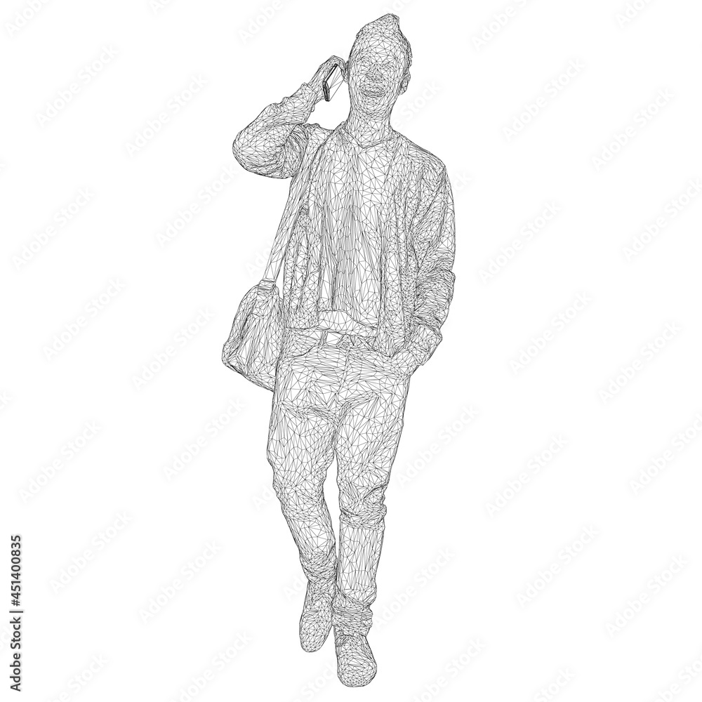 Fototapeta premium Wireframe of a man with a bag on his shoulder talking on the phone isolated on a white background. 3D. Vector illustration