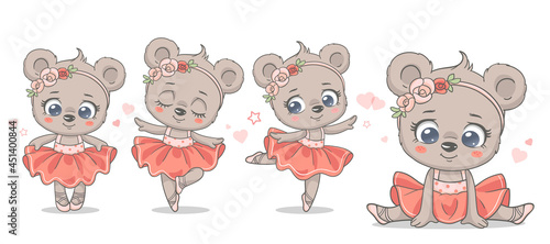 Vector illustration of a cute baby bear ballerina in pink tutu. 