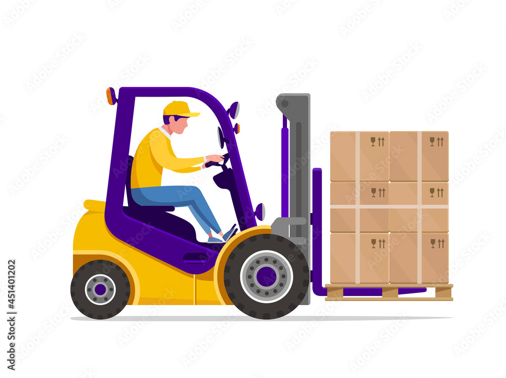 Electric forklift with pile of goods boxes on pallet. Loader operator or warehouse worker. Flat vector illustration isolated on white