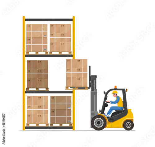Electric forklift with pile of goods boxes on pallet loads stillage for storage in warehouse. Loader operator or warehouse worker. Flat vector illustration isolated on white