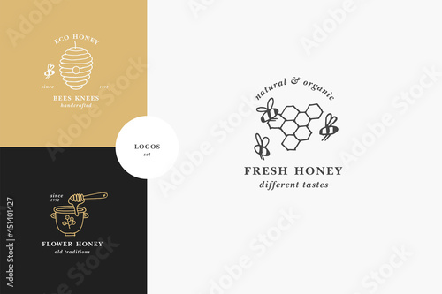 Vector set illustartion logos and design templates or badges. Organic and eco honey labels and tags with bees. Linear style and golden color.