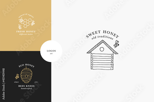 Vector set illustartion logos and design templates or badges. Organic and eco honey labels and tags with bees. Linear style and golden color.