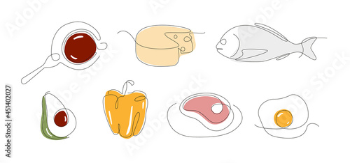 Keto diet one line set. Low carb food continuous line. Menu eating line art for poster. eggs and meat product