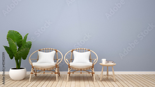 Living area for office design or coffee shop design. Waiting area design for spa bussiness or lobby hotel on light blue grey. 3D Illustration