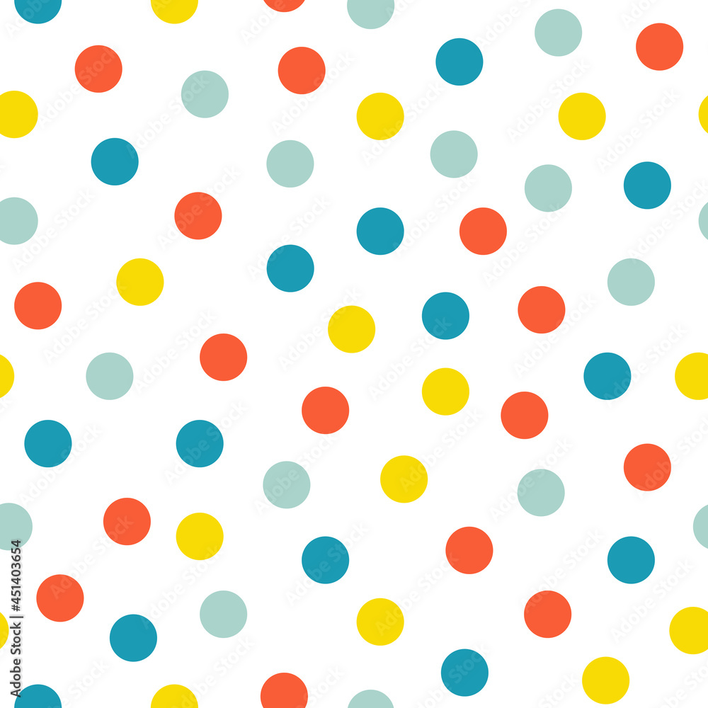 Cute bright polka dot seamless pattern. Colorful dots on white background texture.