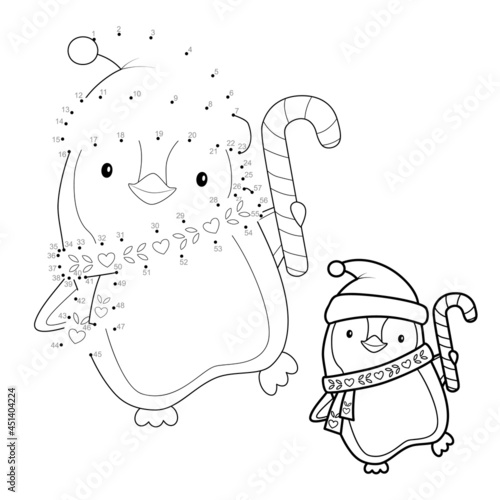 Dot to dot Christmas puzzle for children. Connect dots game. Christmas penguin