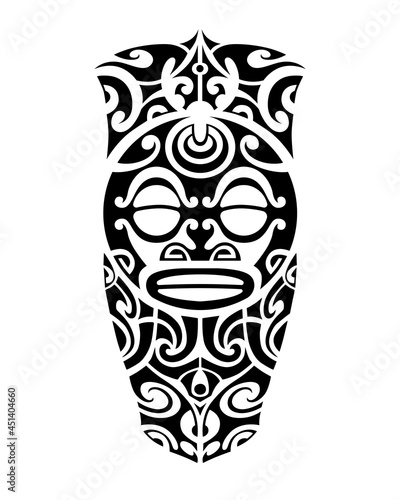 Tattoo sketch maori style for leg or shoulder. With face or mask 
