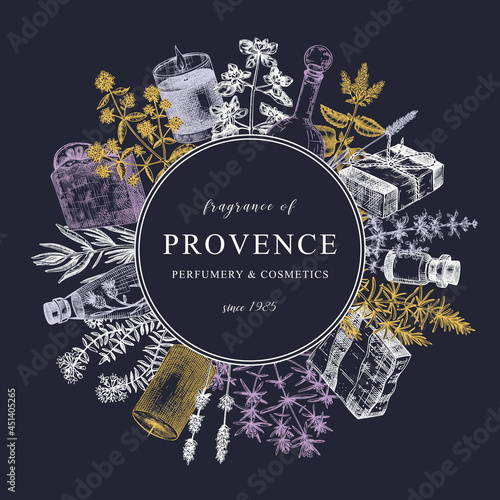 Traditional French herbs wreath. Provence design in chalkboard style. Perfect for brands, banner, label, packaging. Cosmetics, perfumery, soap, candle aromatic ingredients template
