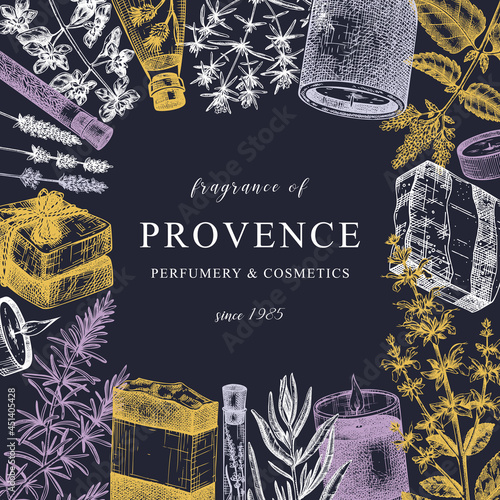 Provence perfumery and cosmetics card or invitation design. Hand-sketched ingredients for  perfume, candles, soap frame template