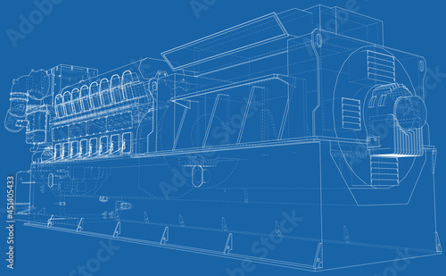 Gas-engine. Gas engine is an internal combustion engine which runs on a gas fuel. Wire-frame line isolated on white. Vector rendering of 3d.