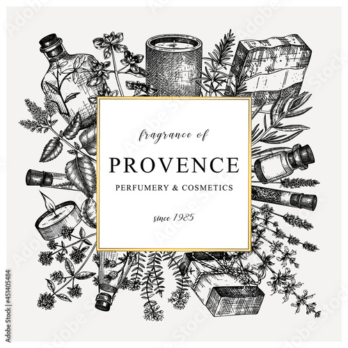 Provence perfumery and cosmetics vintage design. Hand-sketched ingredients for perfume, soap and candle making.