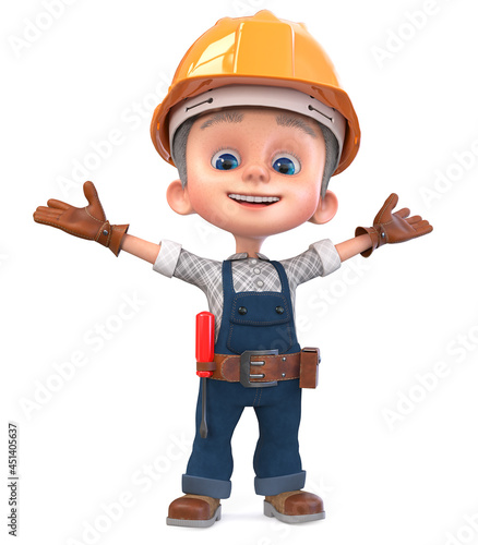 3D illustration funny boy in construction helmet and overalls