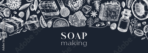 Vector soap making banner on chalkboard. Hand-sketched design with soap ingredients 