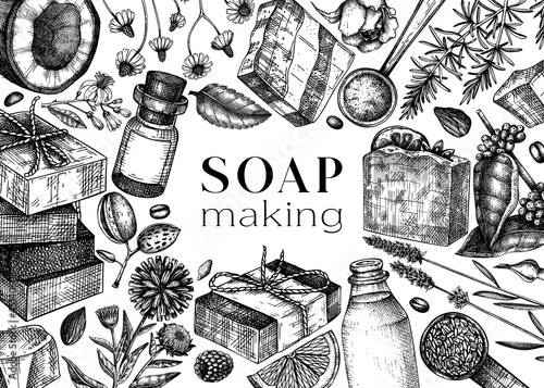 Hand-sketched soap ingredients background. Soap making banner in vintage style