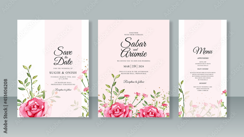 Set template wedding card invitation template with roses watercolor painting and glitter