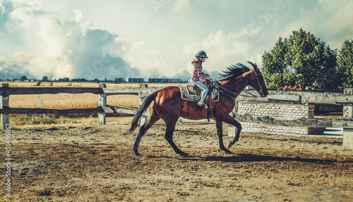 girl trains horse on a beautiful summer day. © jozefklopacka