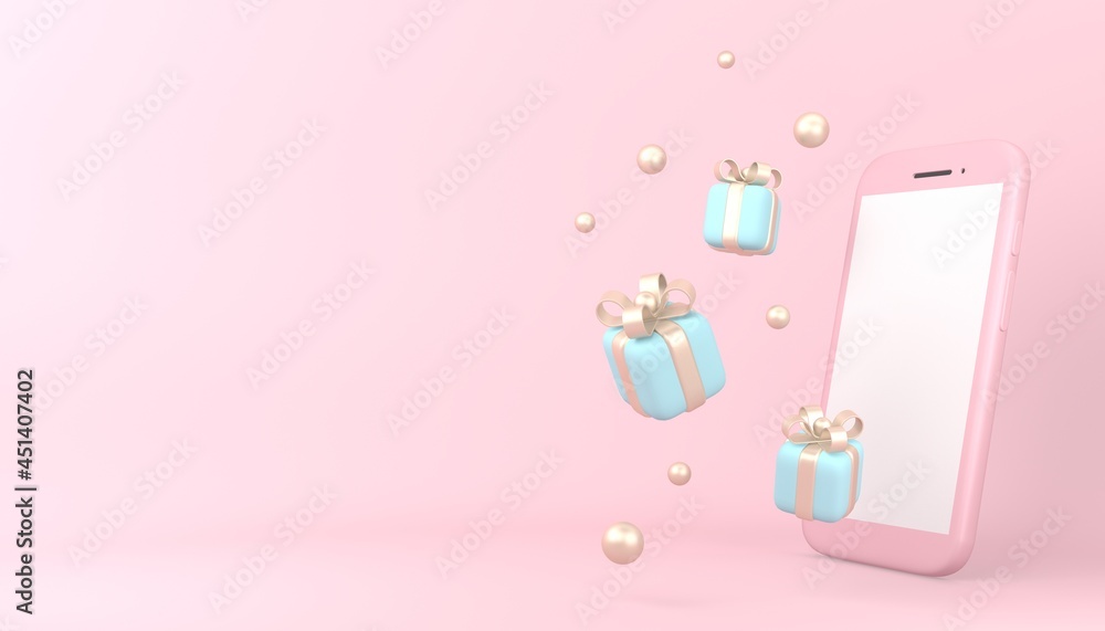 Smartphone with blue gift boxes on pastel pink background. online shopping concept. 3D rendering illustration for banner, flyer, poster, presentation, sale, discount, greeting card, invitation. Smartphone with blue gift boxes on pastel pink background. online shopping concept. 3D rendering illustration for banner, flyer, poster, presentation, sale, discount, greeting card, invitation.