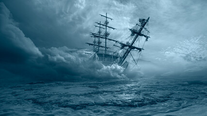 Plexiglas schilderij Schip Oud zeilschip in mistige storm  © muratart