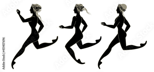 Three stylized girls in ancient Greek style, running or dancing isolated on white background.