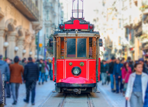 Canvas Print Nostalgic retro red tram on famous Istiklal street