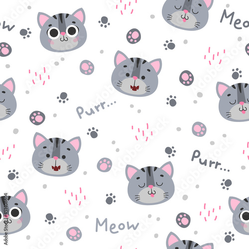 Seamless pattern with cute gray cat, kitty, kitten with black stripes, paws, word meow, purr on white background. Vector illustration, print for packaging, fabrics, wallpapers, textiles.
