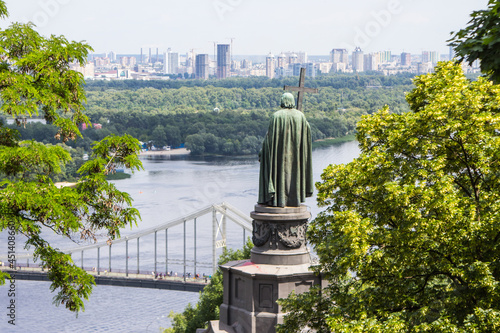 View of the monument to Duke Volodymir and the pedestrian bridge in Kyiv. Ukraine photo