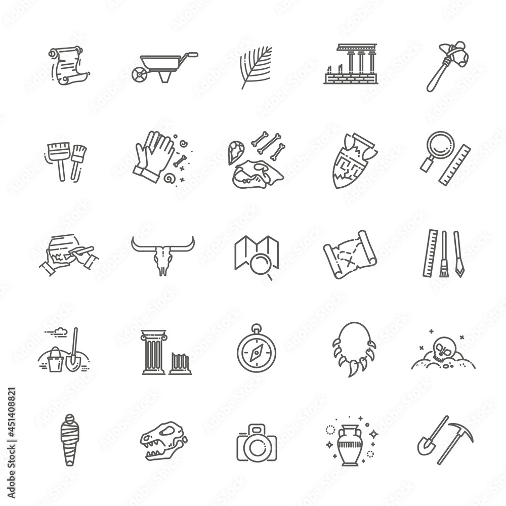 Naklejka premium Outline black icons set in thin modern design style, flat line stroke vector symbols - archeology collection