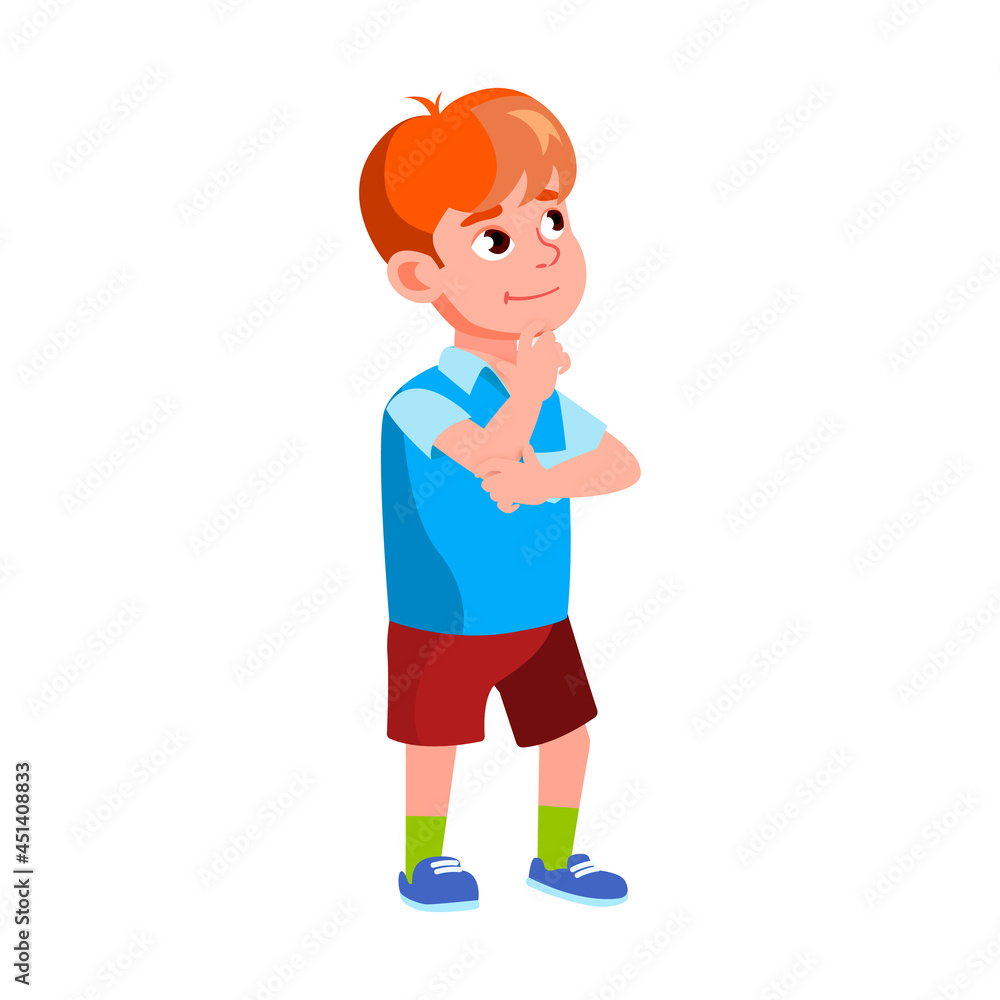 Boy Kid Standing In Store And Thinking Vector. Caucasian Child Stand In Shop Thinking And Choosing Ice Cream Dessert. Character Little Guy Resolving Problem Flat Cartoon Illustration