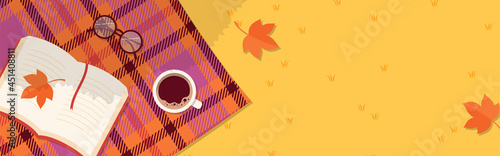 vector background with a book and coffee in autumn for banners, cards, flyers, social media wallpapers, etc.