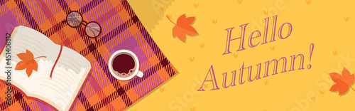 vector background with a book and coffee in autumn for banners, cards, flyers, social media wallpapers, etc.
