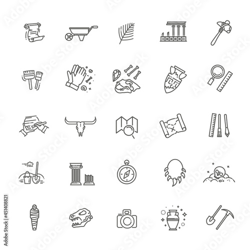 Outline black icons set in thin modern design style, flat line stroke vector symbols - archeology collection photo