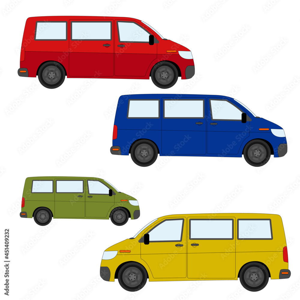 Set of the red, blue, green, yellow van with stroke line