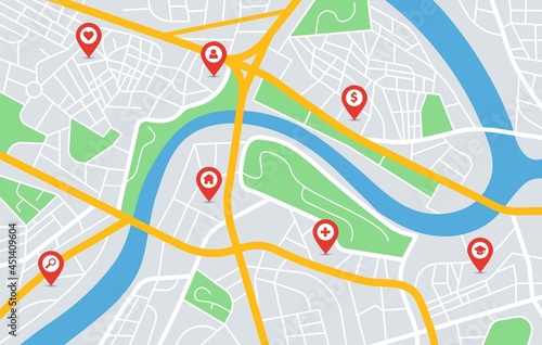 City map gps navigation with location pin markers. Urban downtown roads  parks  river. Red pointers on roadmap navigator vector illustration. Guidance to find destination  trip planning
