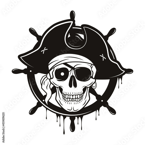 Pirate emblem with steering wheel and skull in a hat and eye patch. Vector hand drawn cartoon illustration isolated on white background