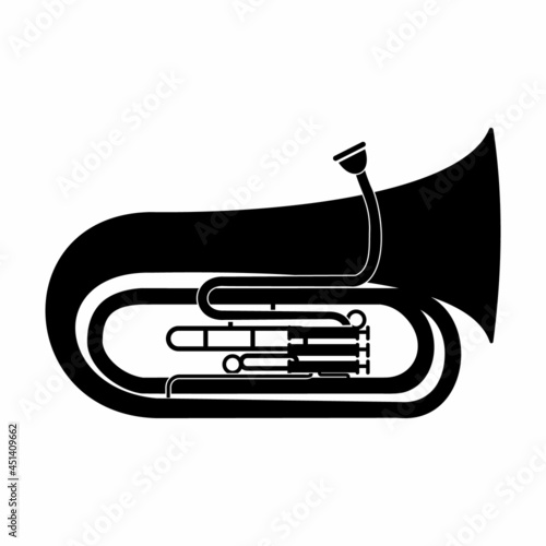 musical wind instrument tuba, black stencil isolated vector illustration