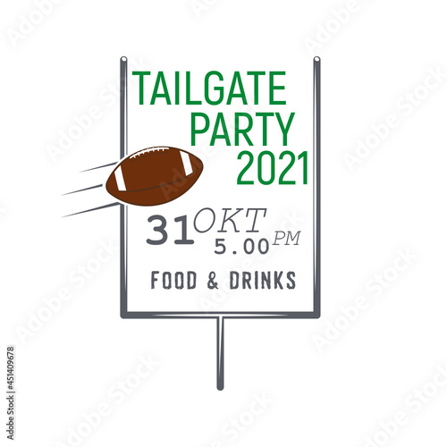 Tailgate party emblem monochrome badge poster with a goal and a flying rugby ball