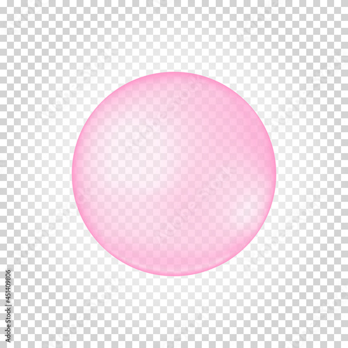 Pink collagen bubble on transparent background. Cherry or strawberry bubble gum. Element of soap foam, bath suds, cleanser liquid, sweet water. Vector realistic illustration.