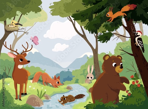 Cartoon vector animals that live on the valley with river, forest and mountains. Forest fauna. Forest inhabitants. Bear looking for raspberries. Woodpecker hollows the hollow. Northern national park.