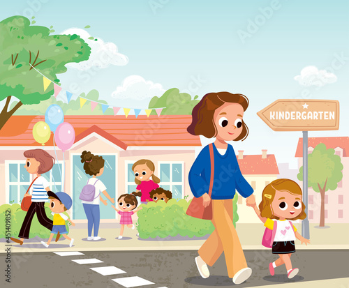 Parents pick up kids from kindergarden. Mother with daughter cross road, street by pedestrian crossing, crosswalk nearby local daycare center. Parents picking children from preschool on summer day