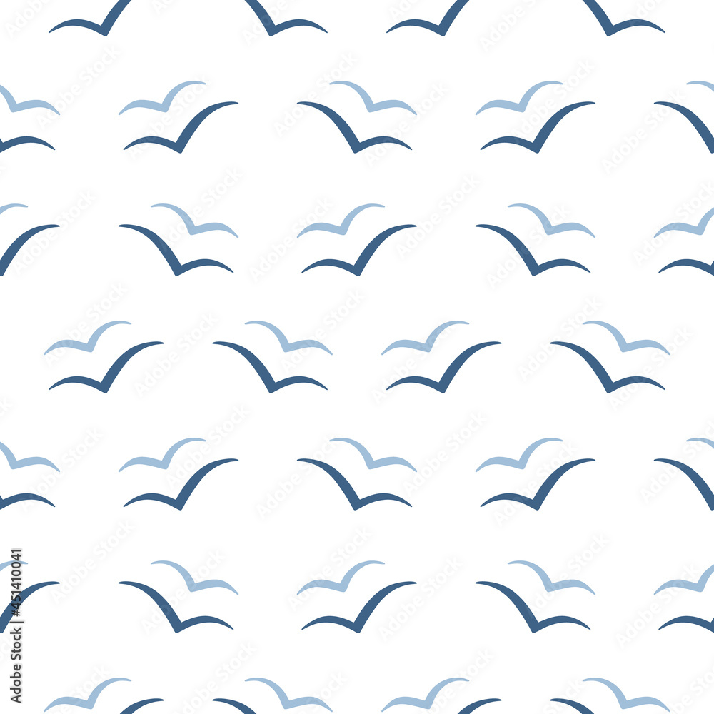 Abstract Seagull seamless pattern. Flying navy blue Gull Birds silhouettes in the sky. Sea life. Marine simple geometric vector background for fashion prints, fabric, textile, package, wrap paper Abstract Seagull seamless pattern. Flying navy blue Gull Birds silhouettes in the sky. Sea life. Marine simple geometric vector background for fashion prints, fabric, textile, package, wrap paper